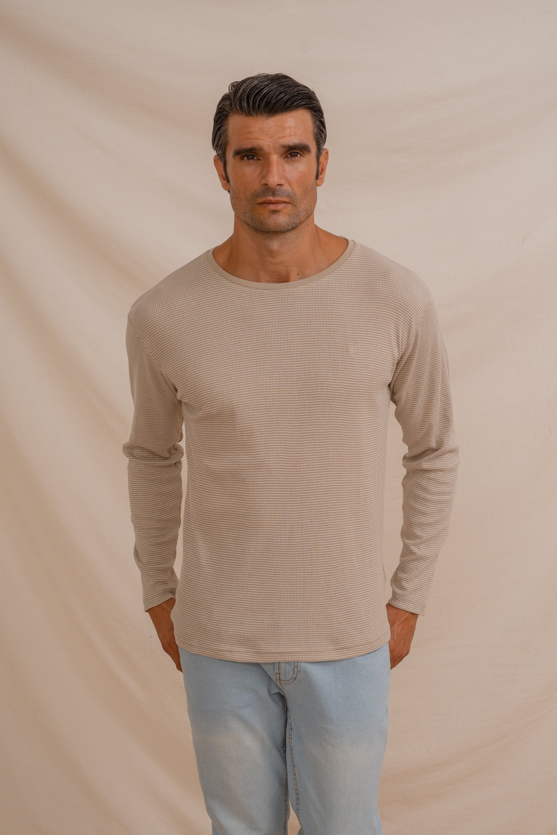 CAMISETA CUADRILLÉ MANGA LARGA BEIGE