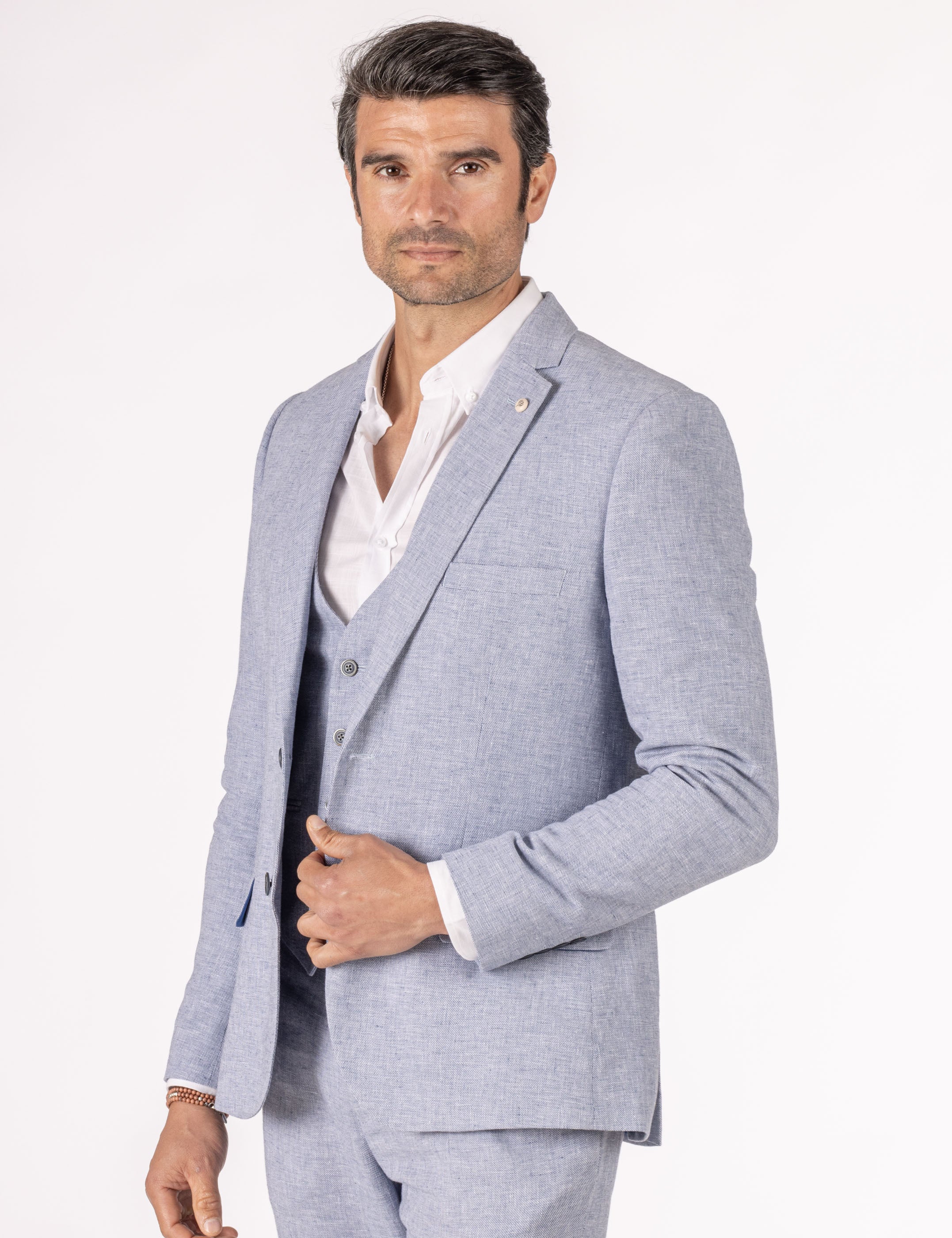 CHAQUETA TRAJE LINO CELESTE