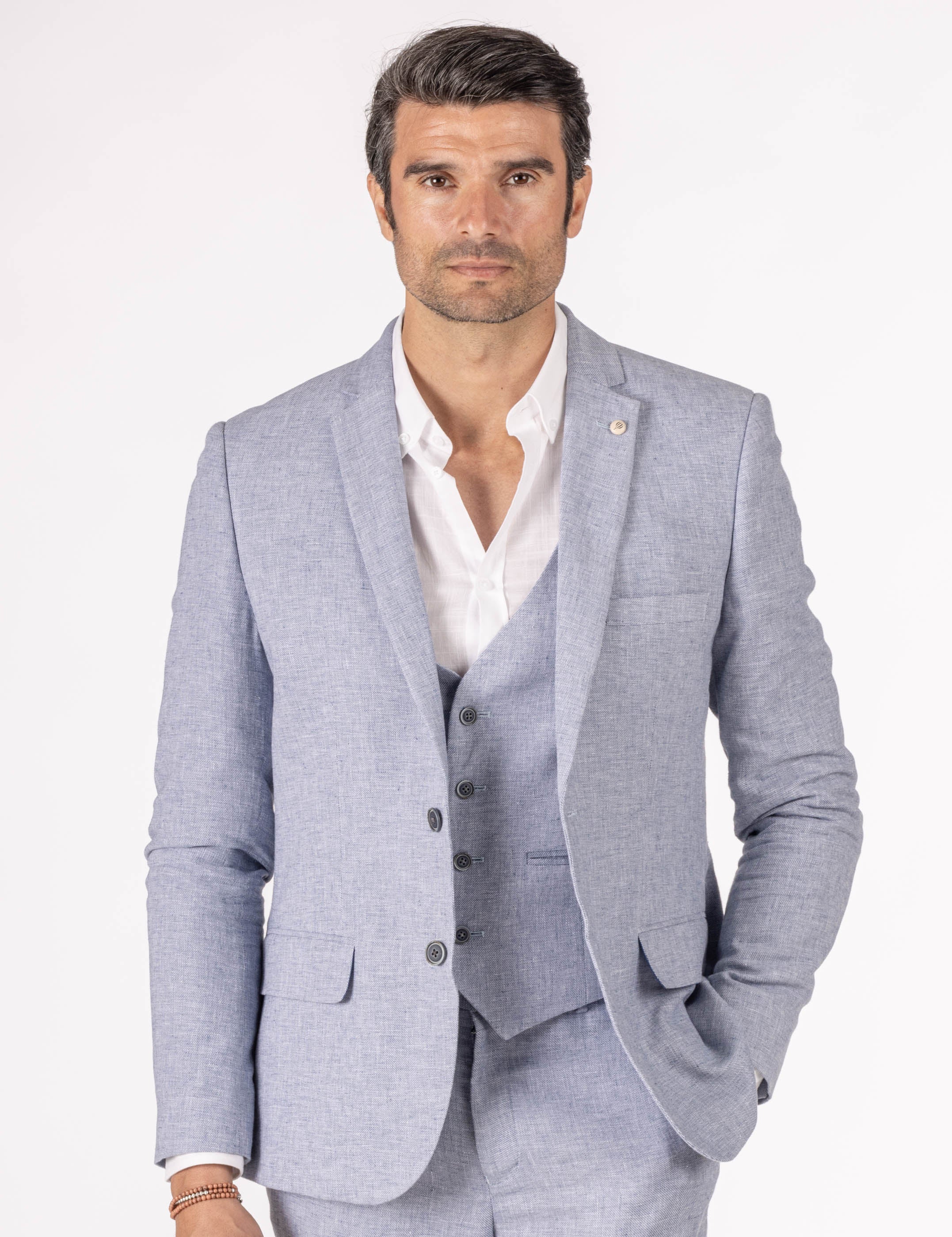 CHAQUETA TRAJE LINO CELESTE