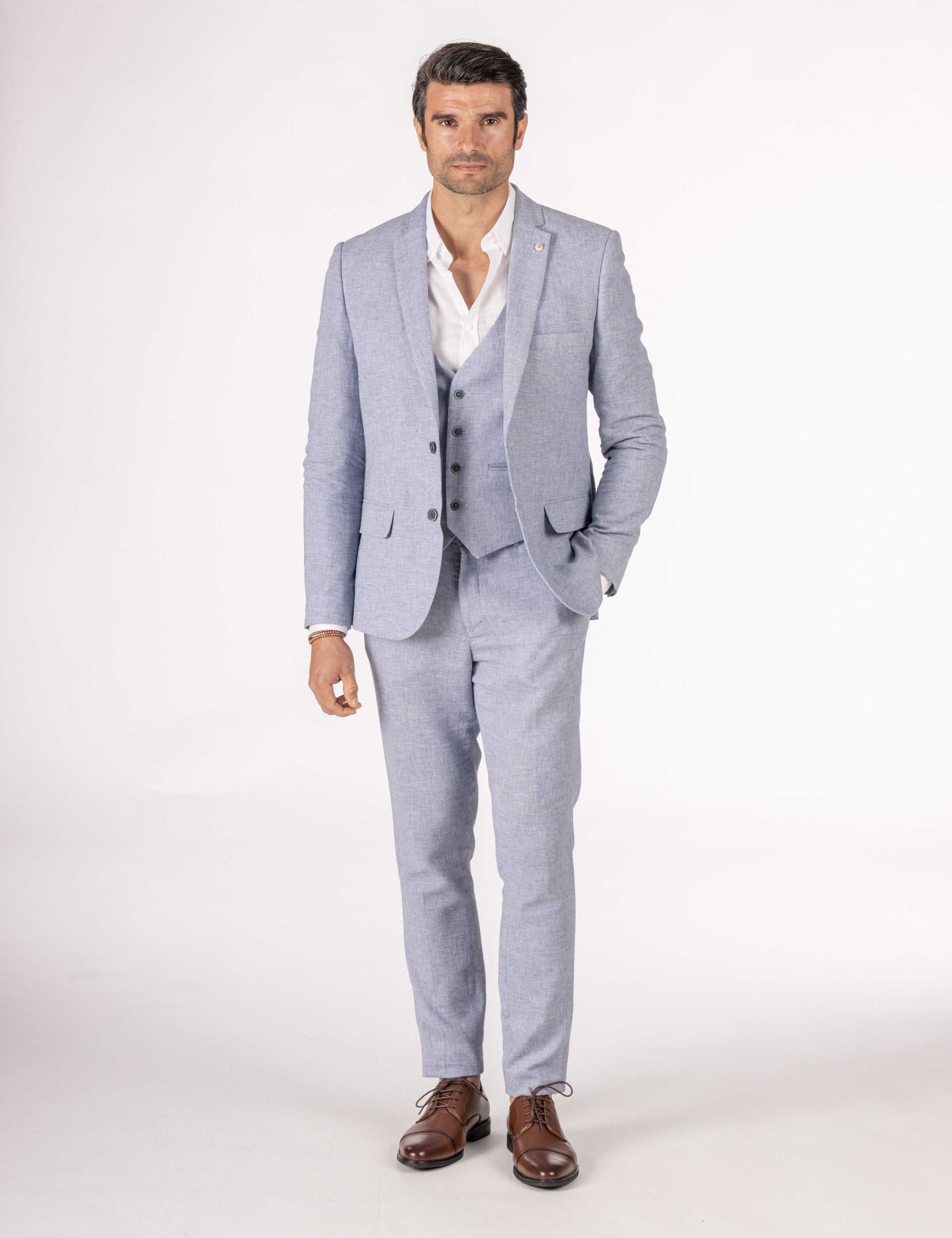 CHAQUETA TRAJE LINO CELESTE