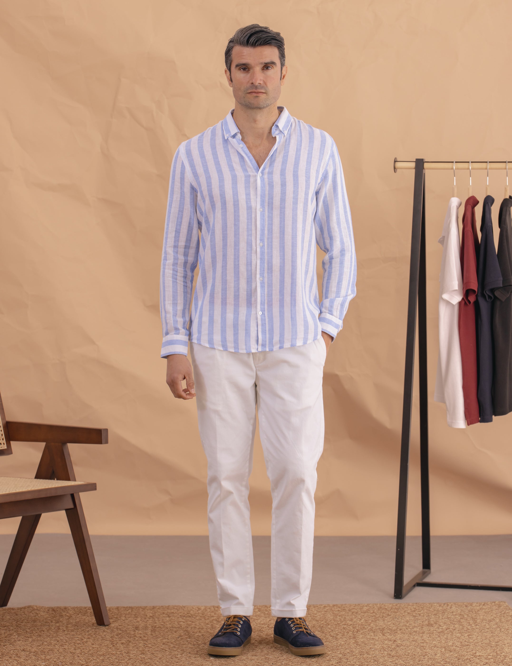 CAMISA LINO RAYAS CELESTE