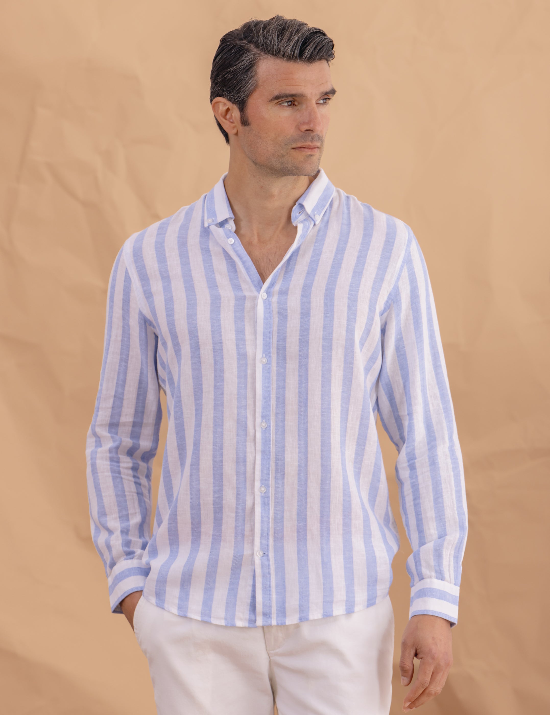 CAMISA LINO RAYAS CELESTE