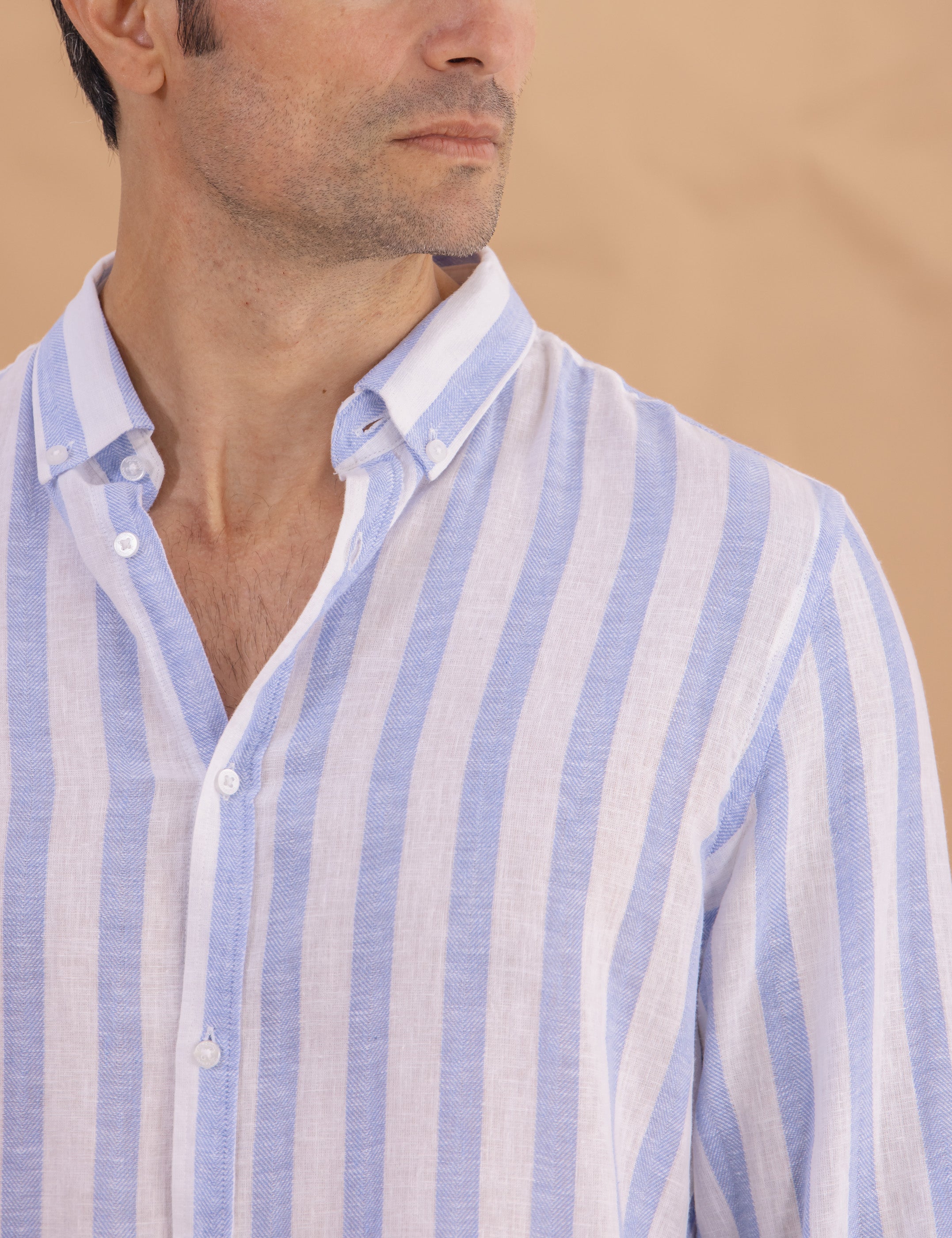 CAMISA LINO RAYAS CELESTE