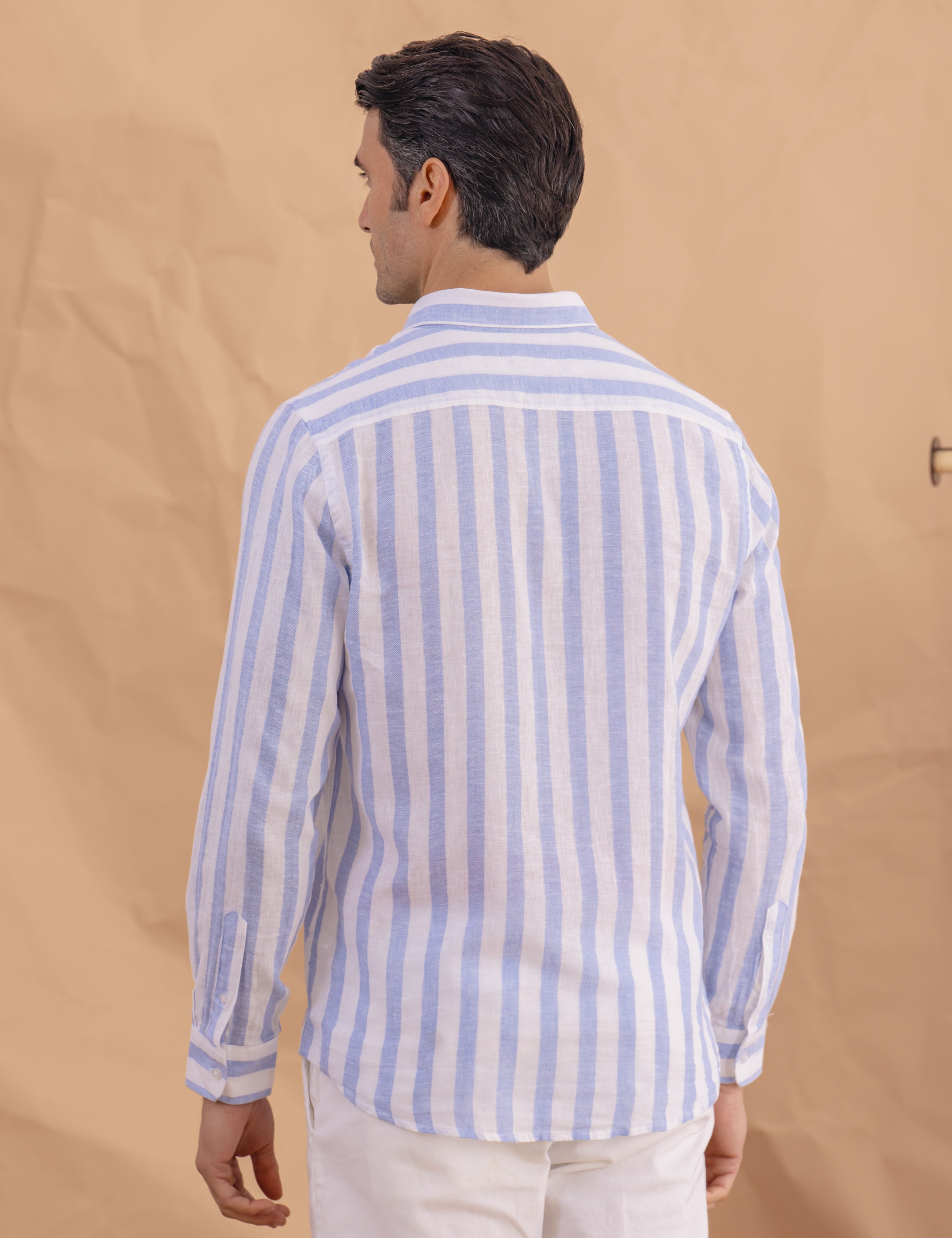 CAMISA LINO RAYAS CELESTE