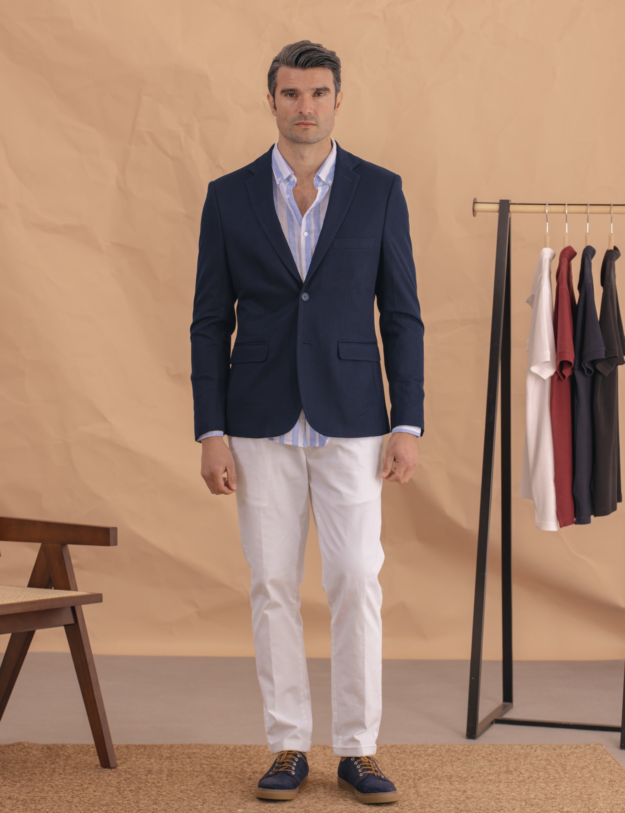 CAMISA LINO RAYAS CELESTE