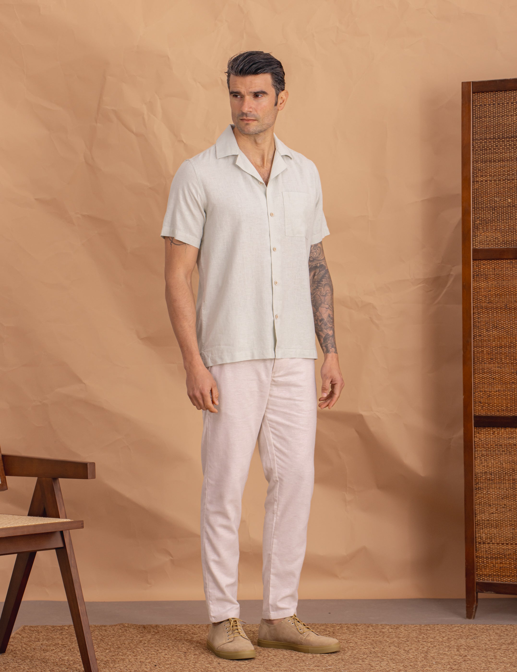 CAMISA CON LINO VERDE MANZANA MANGA CORTA