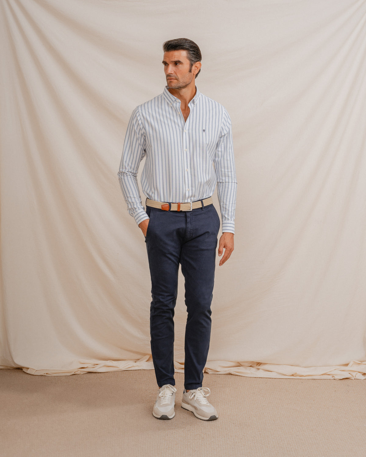 CAMISA OXFORD LISTRADA AZUL CELESTE