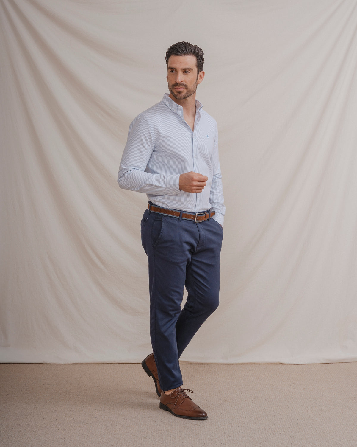 CAMISA OXFORD LISTRADA AZUL CLARO