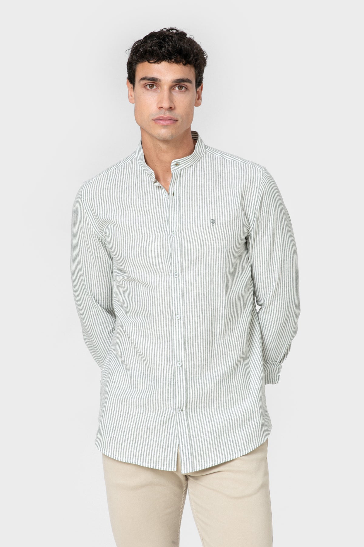 CAMISA GOLA CHINESA LINHO LISTRA VERDE
