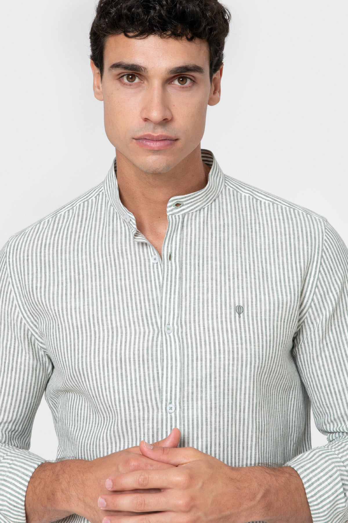 CAMISA GOLA CHINESA LINHO LISTRA VERDE