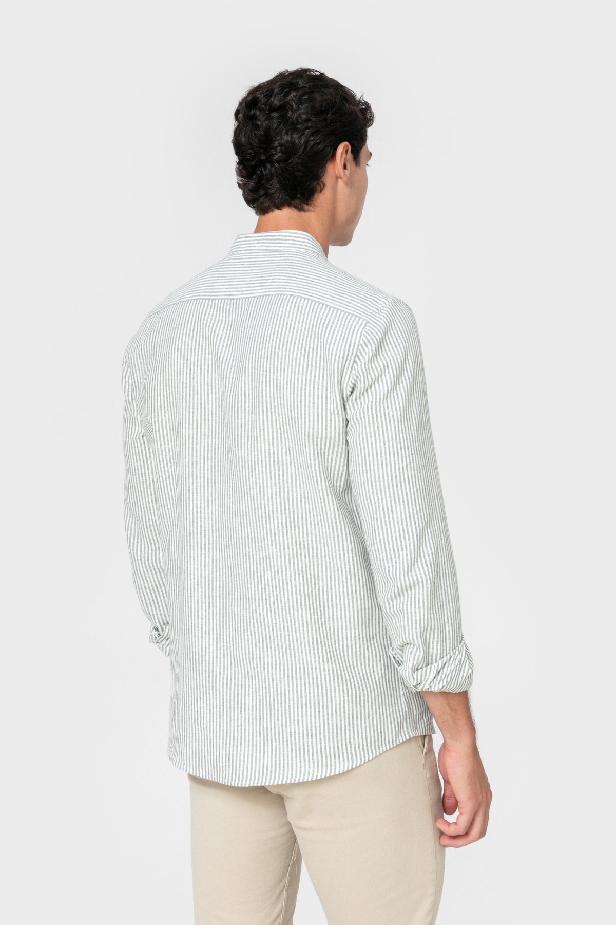 CAMISA GOLA CHINESA LINHO LISTRA VERDE