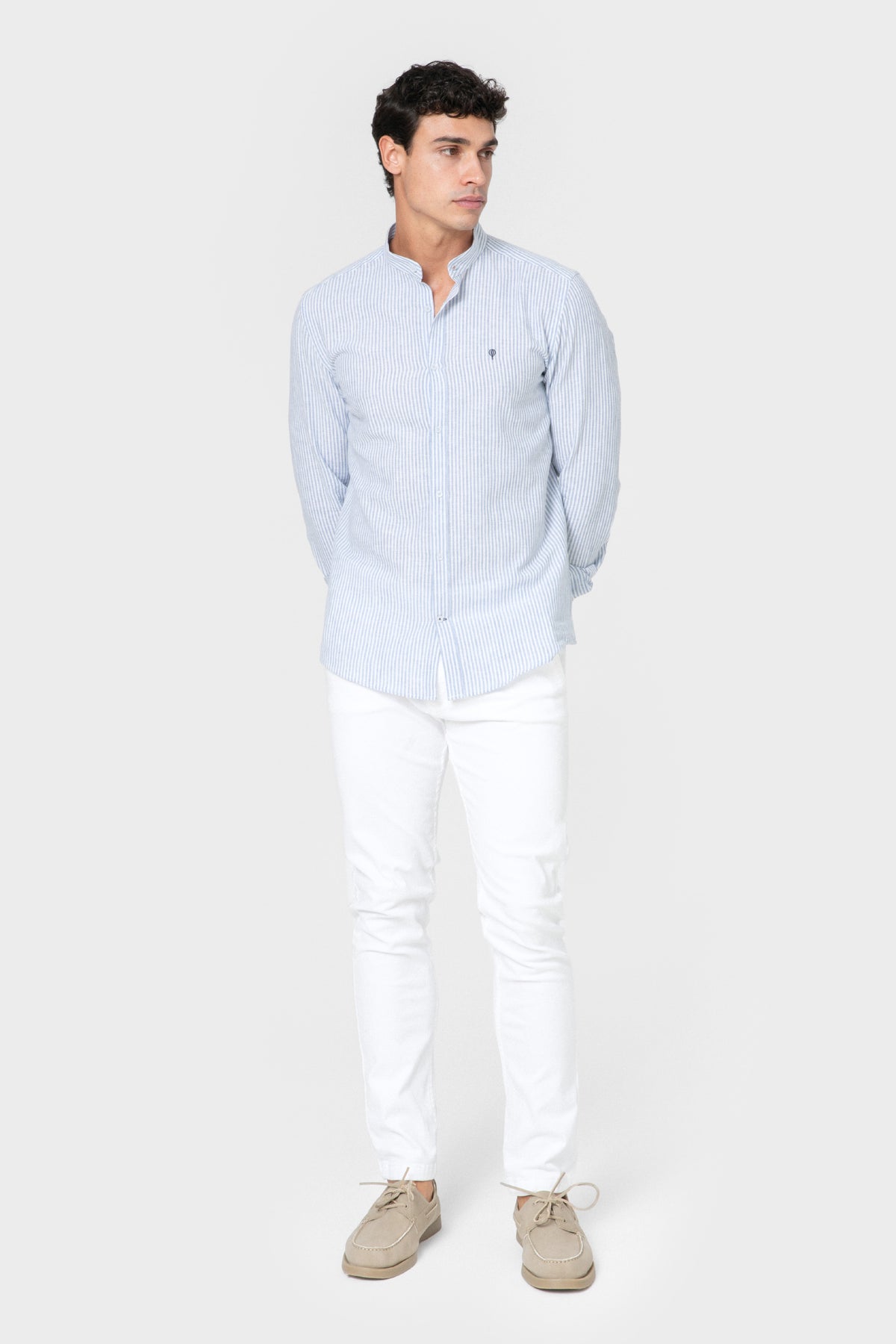 CAMISA GOLA MAO LINHO RISCA AZUL CELESTE