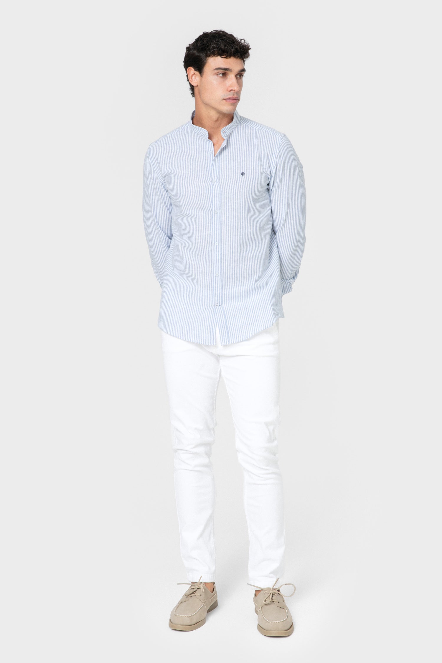 CAMISA CUELLO MAO LINO RAYA CELESTE