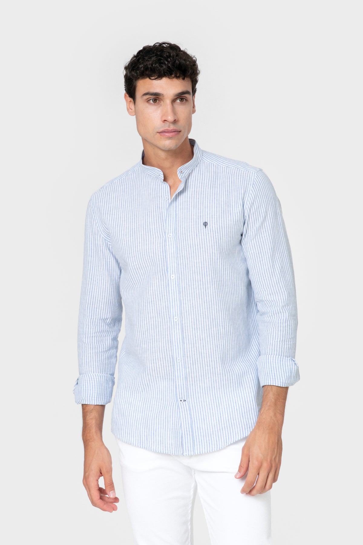 CAMISA GOLA MAO LINHO RISCA AZUL CELESTE