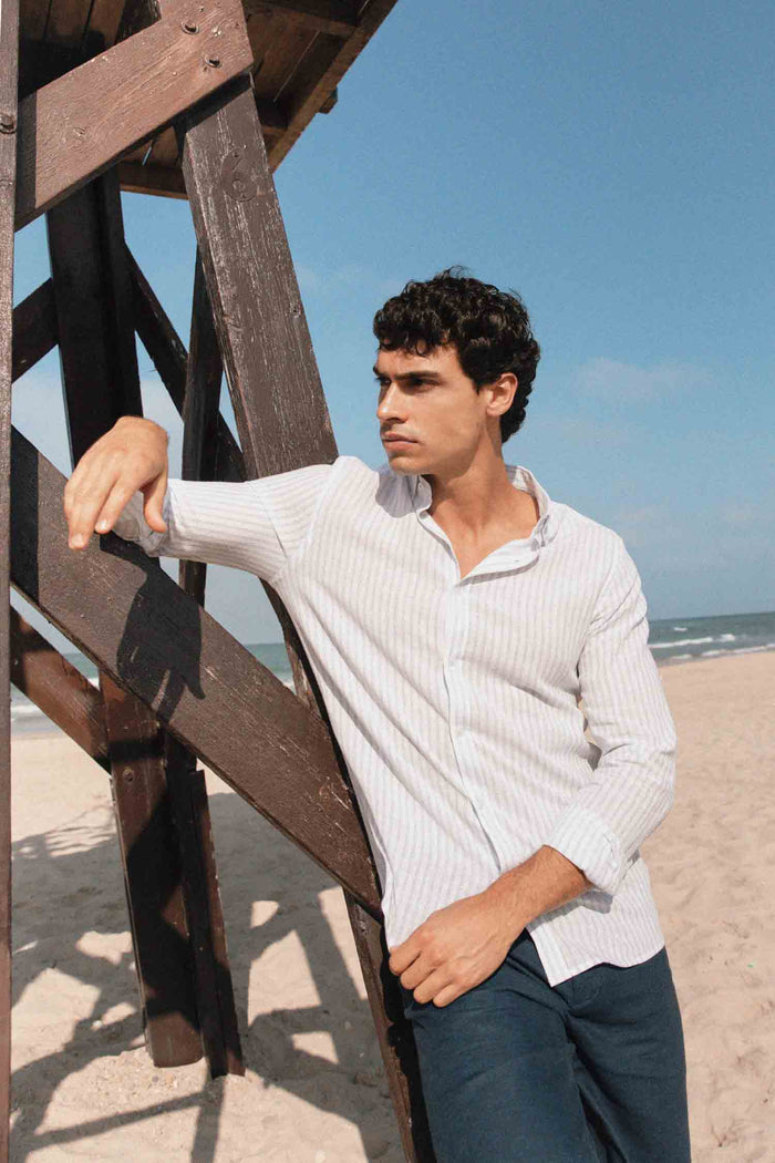 CAMISA LINHO RISCAS AZUL-CELESTE