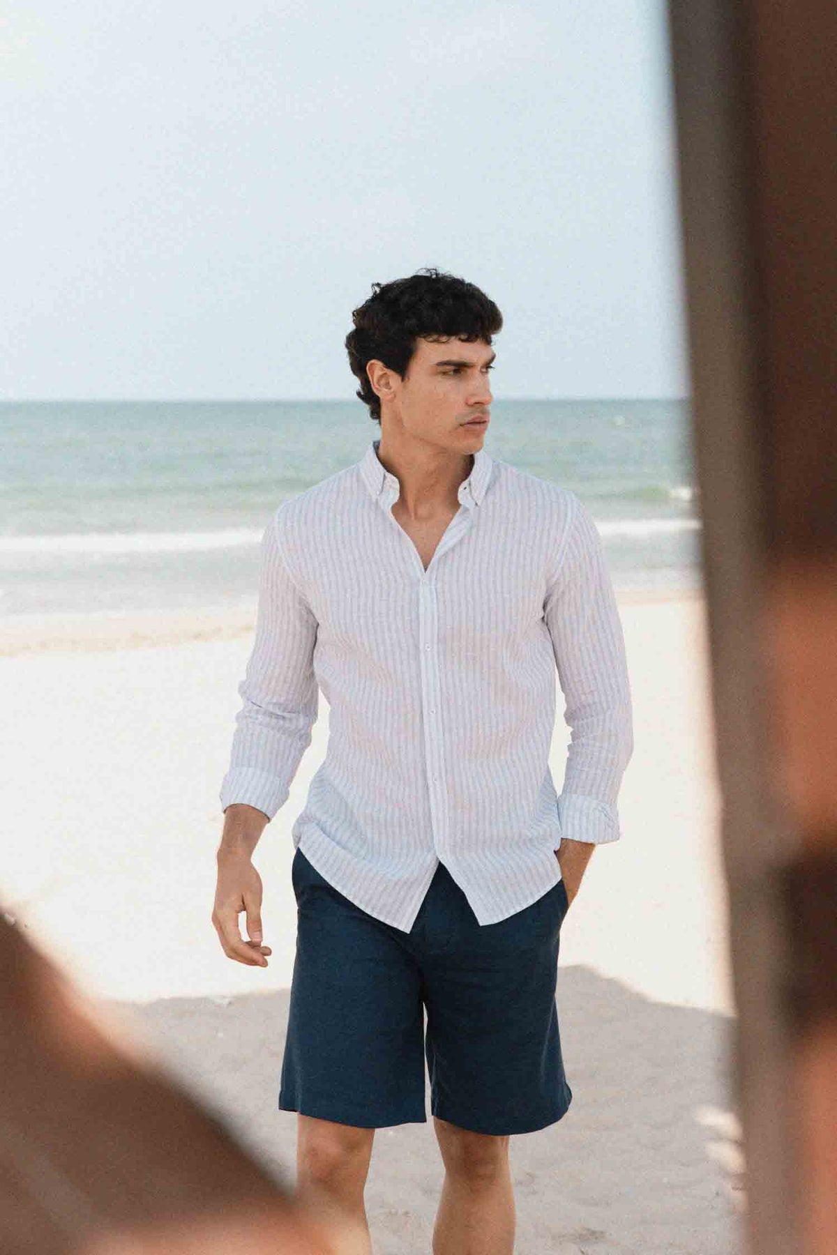 CAMISA LINHO RISCAS AZUL-CELESTE