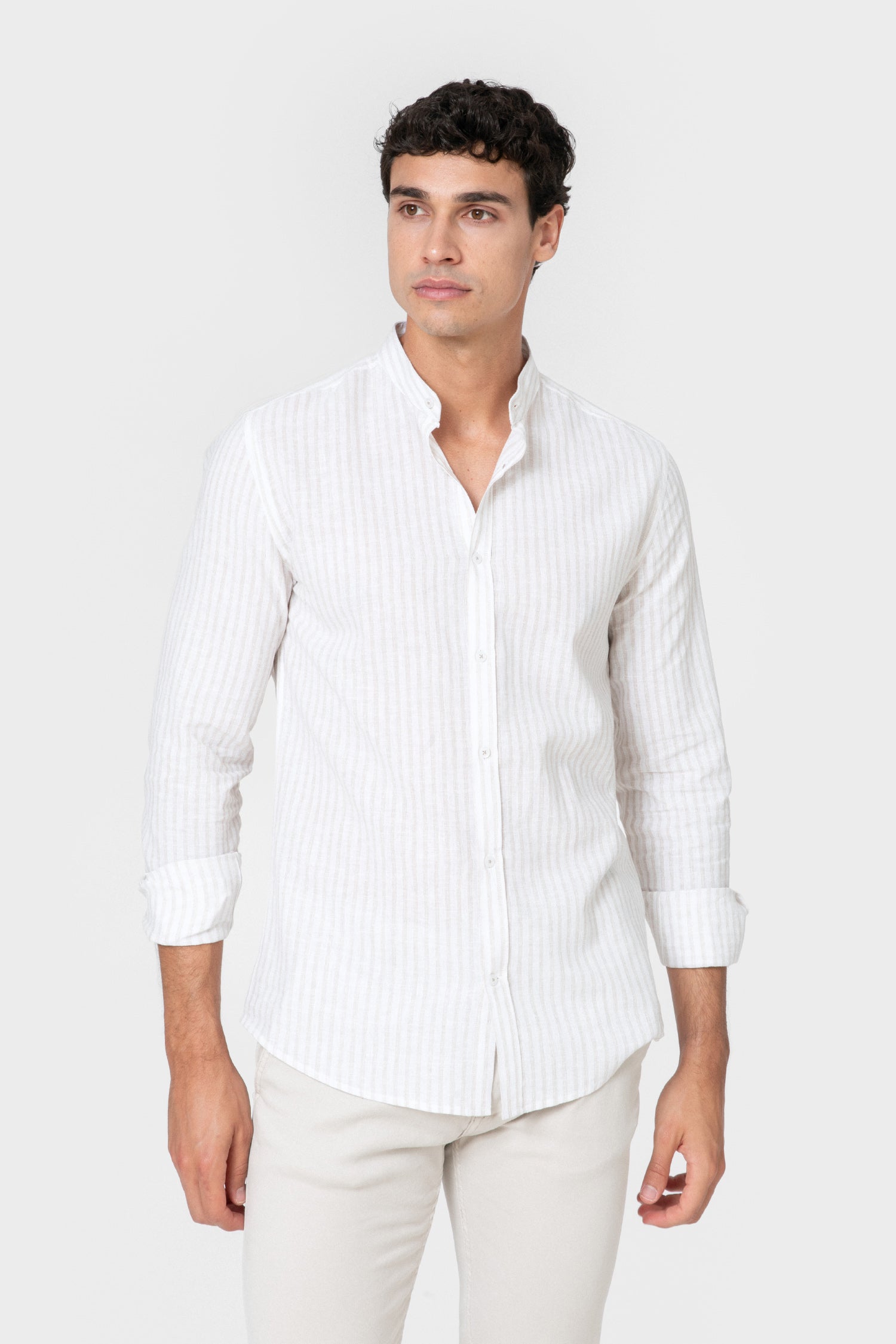 CAMISA CUELLO MAO LINO RAYA BEIGE