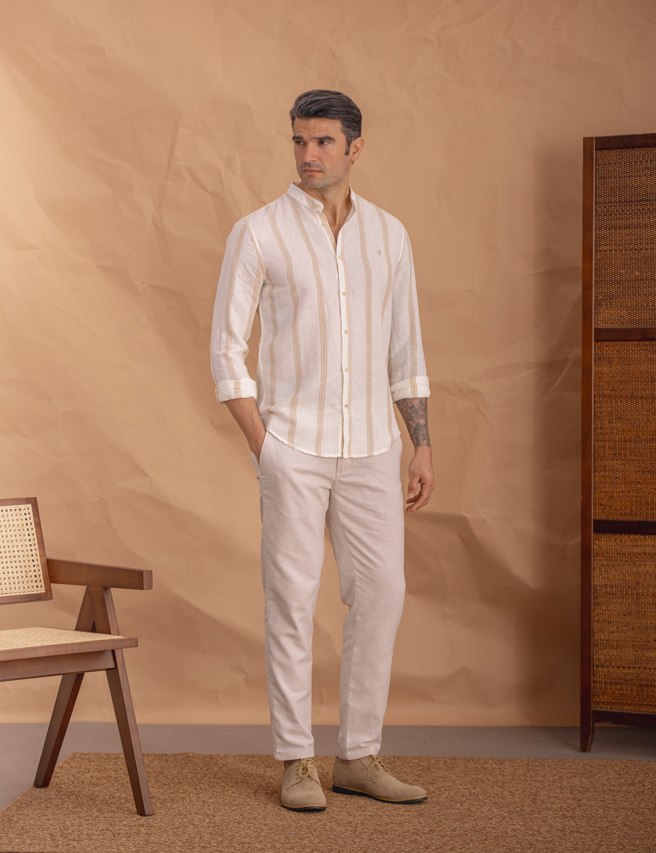 CAMISA LINO RAYAS CUELLO MAO
