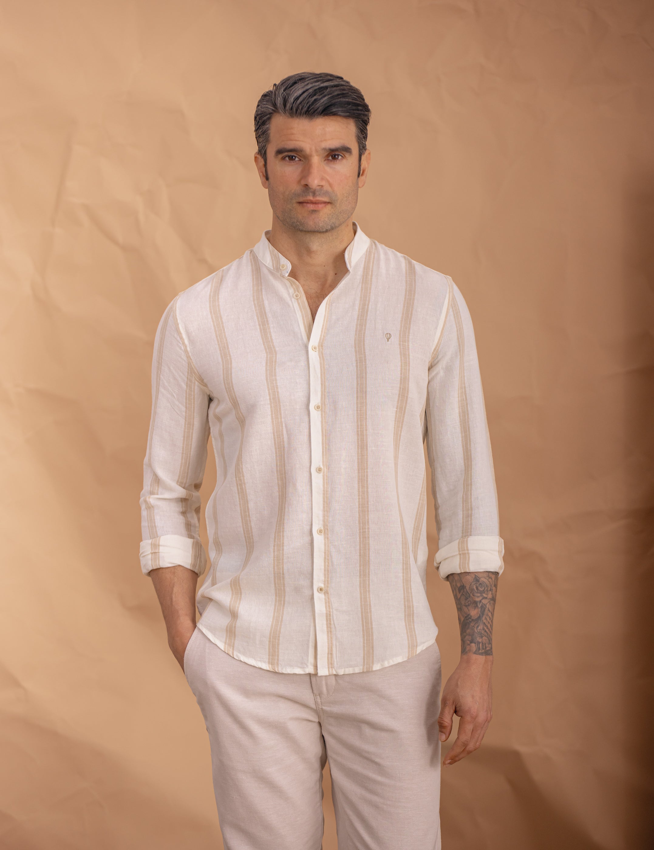 CAMISA LINO RAYAS CUELLO MAO