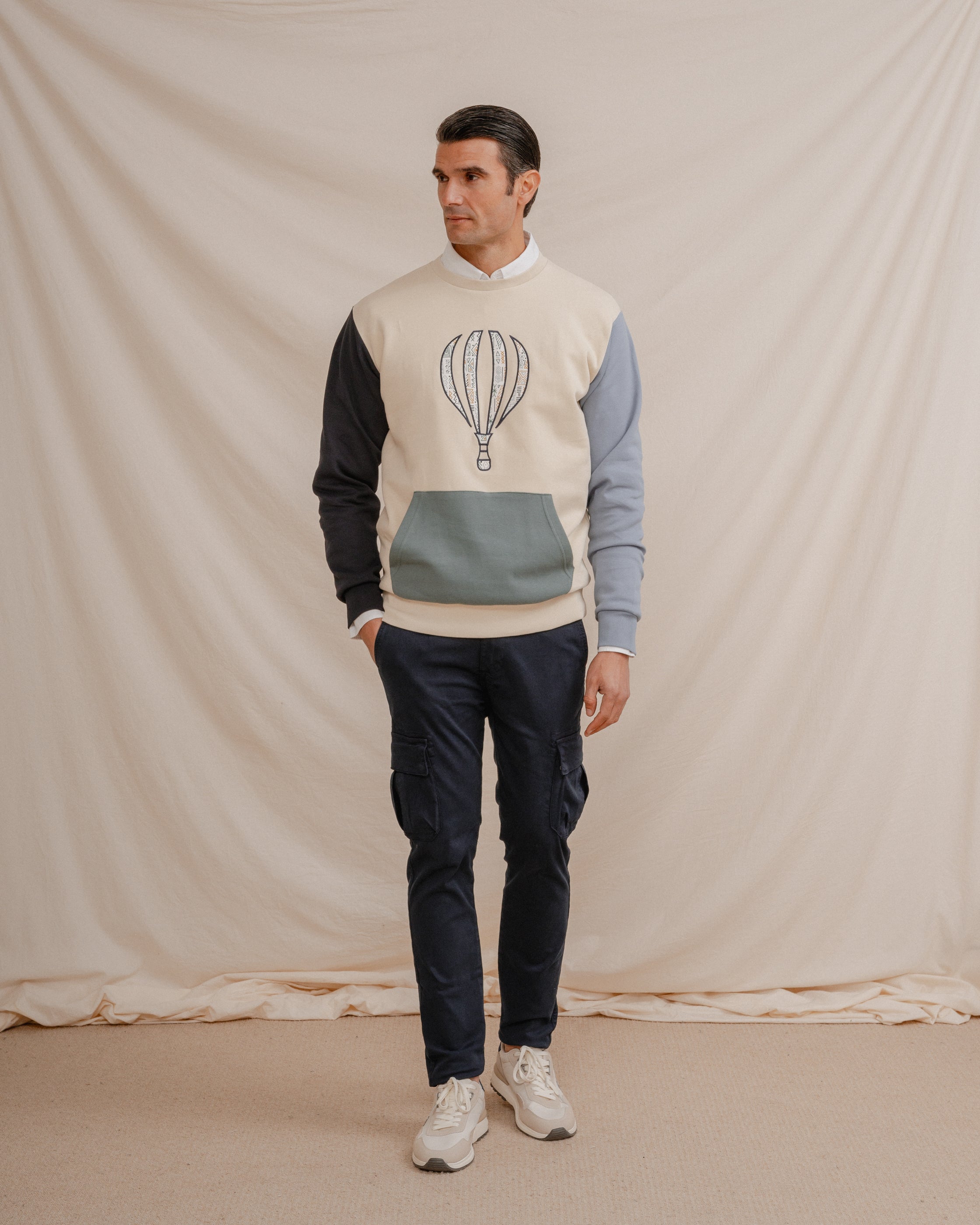 SUDADERA PIQUÉ COMBINADA GLOBO BEIGE