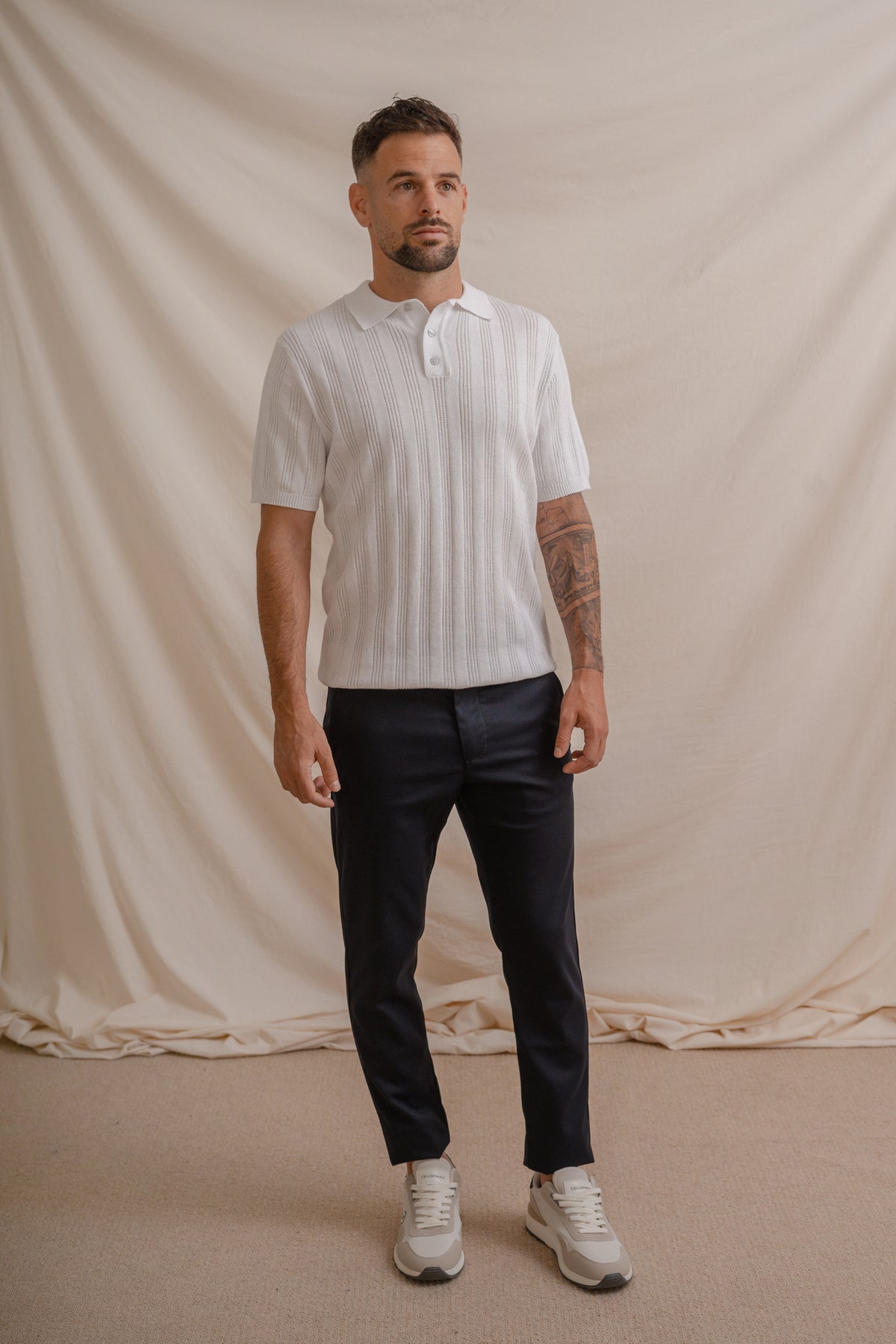 POLO TRICOT STRUCTURE RAYURES AJOURÉES BLANC