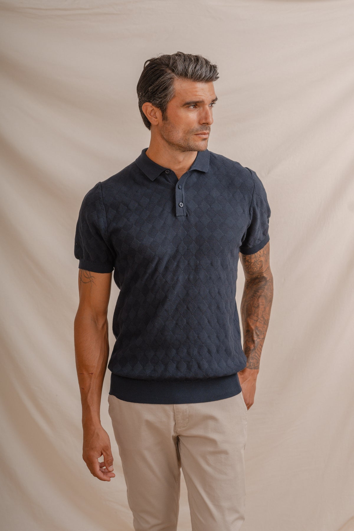 POLO RAUTE FADEN FEIN MARINEBLAU
